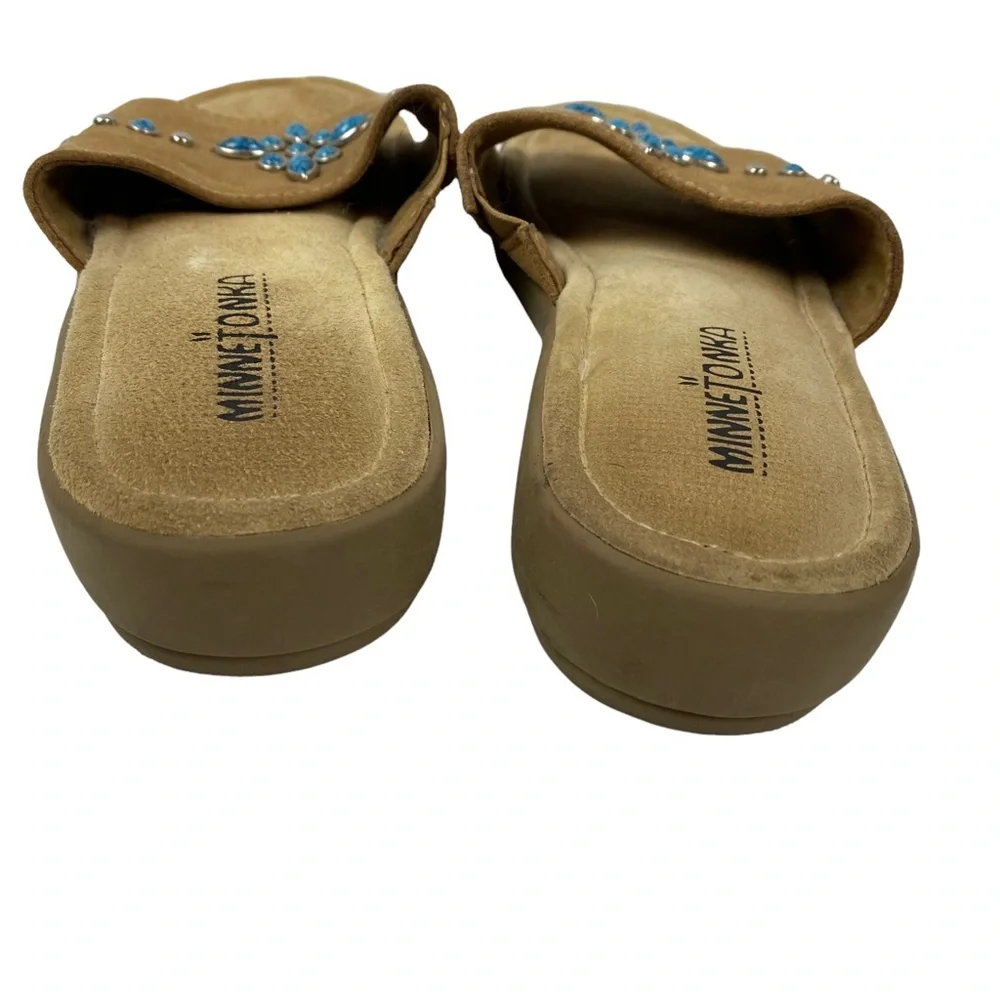 Minnetonka Tan Brown Suede Leather Slides Sandals Turquoise size 8